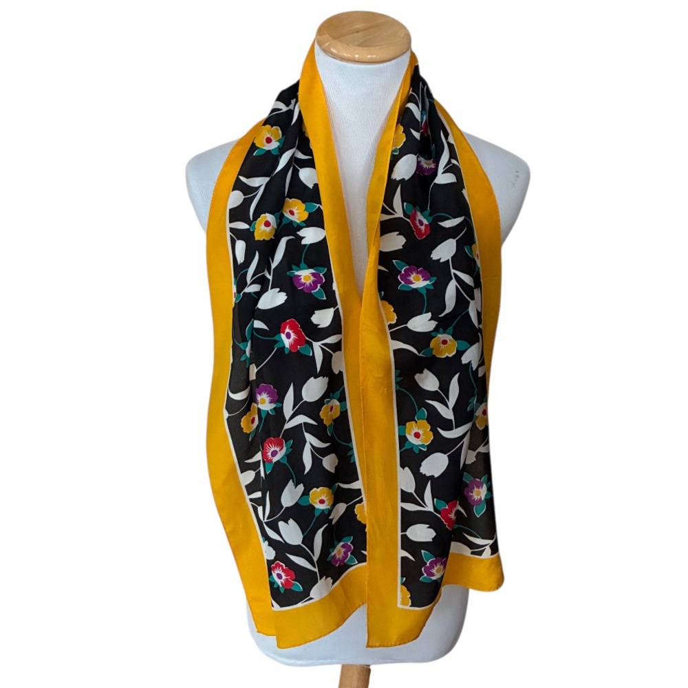 Vintage Albert Nipon 100% Silk Chiffon Scarf Yellow Black Floral Oblong 10x52